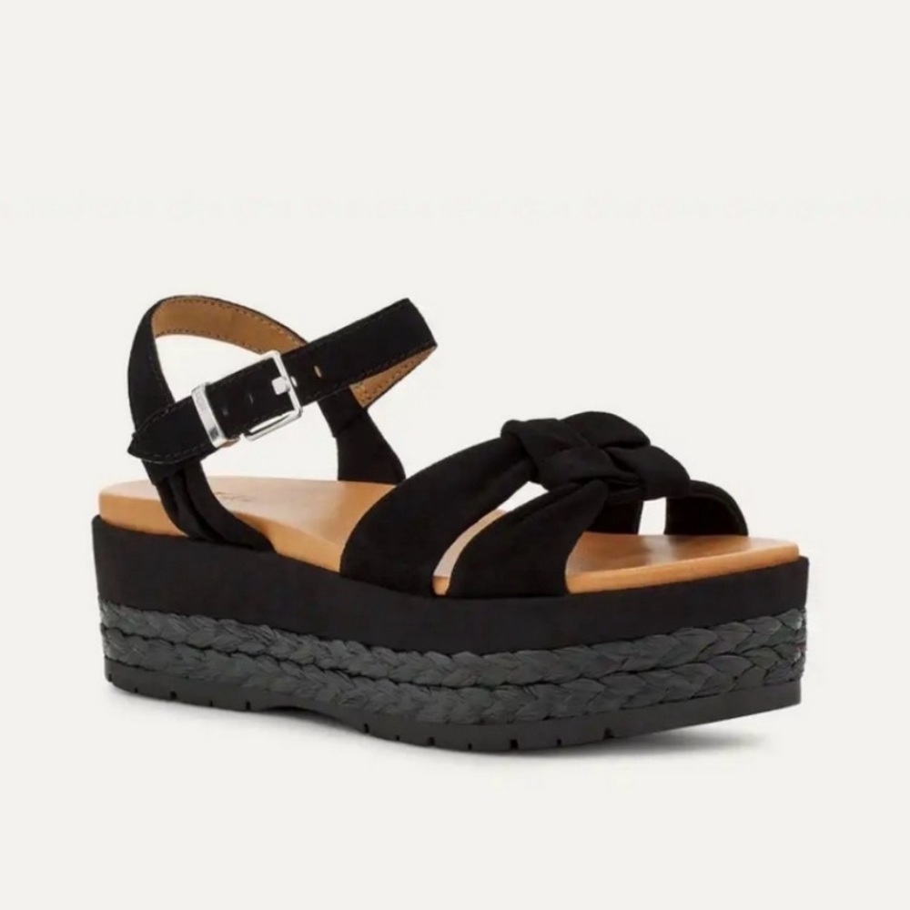 UGG Women's Neusch Black Suede Leather Sandals Platform Wedge Heel Buckle Size 8